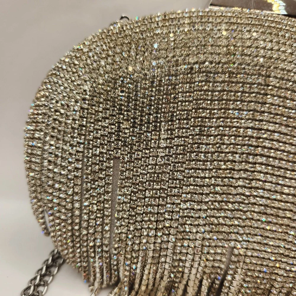 New Olga Berg Bria Crystal Fringe Clutch Rhinestone Chain Strap Silver Evening C